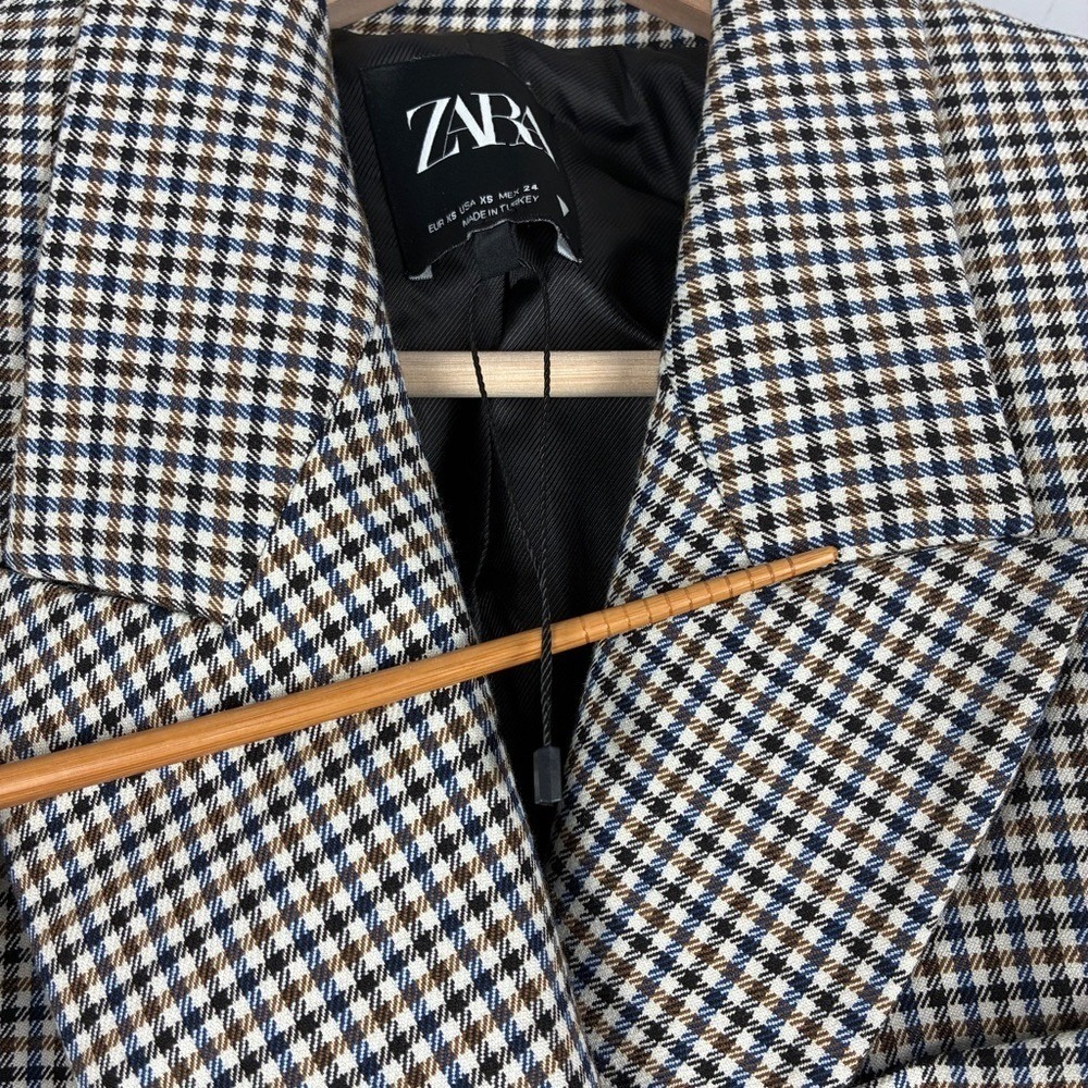 Zara Blazer XS Brown Blue Houndstooth Viscose Blend Dark Academia Career Chic - Picture 5 of 16